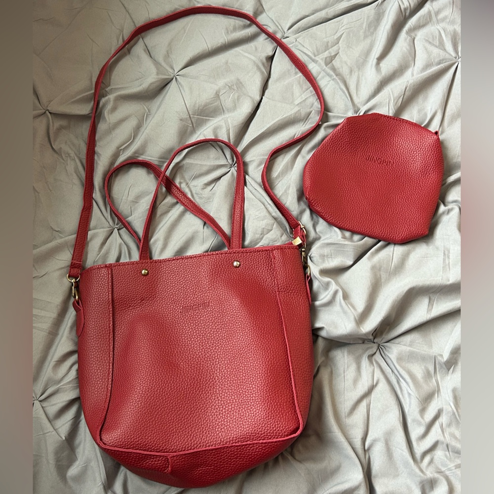 Red Pebble Leather Tote Bag with smaller bag